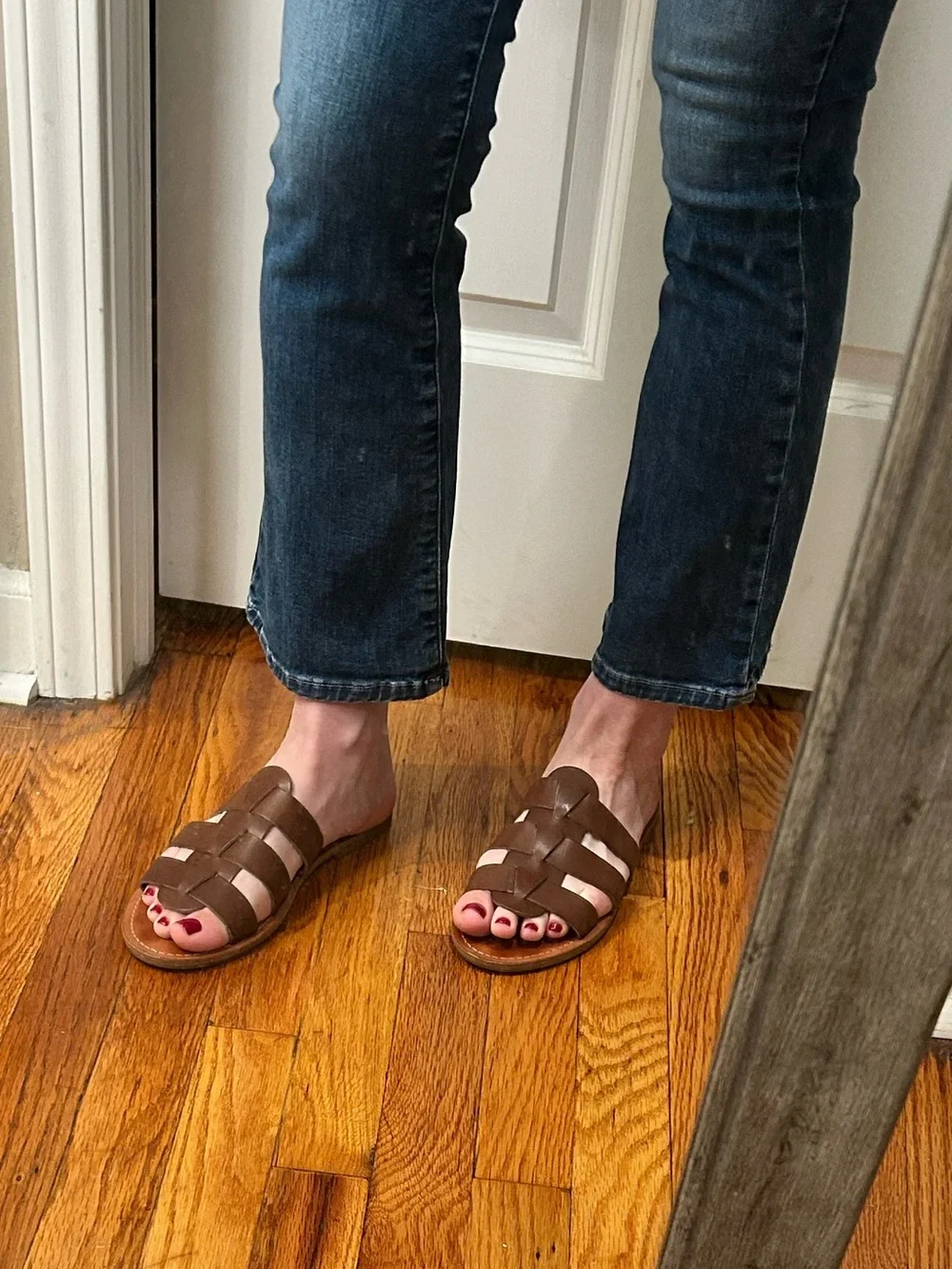 🍀 Lucky Brand Aisha Dark Leather Woven Slide Sandals In Dark Brown